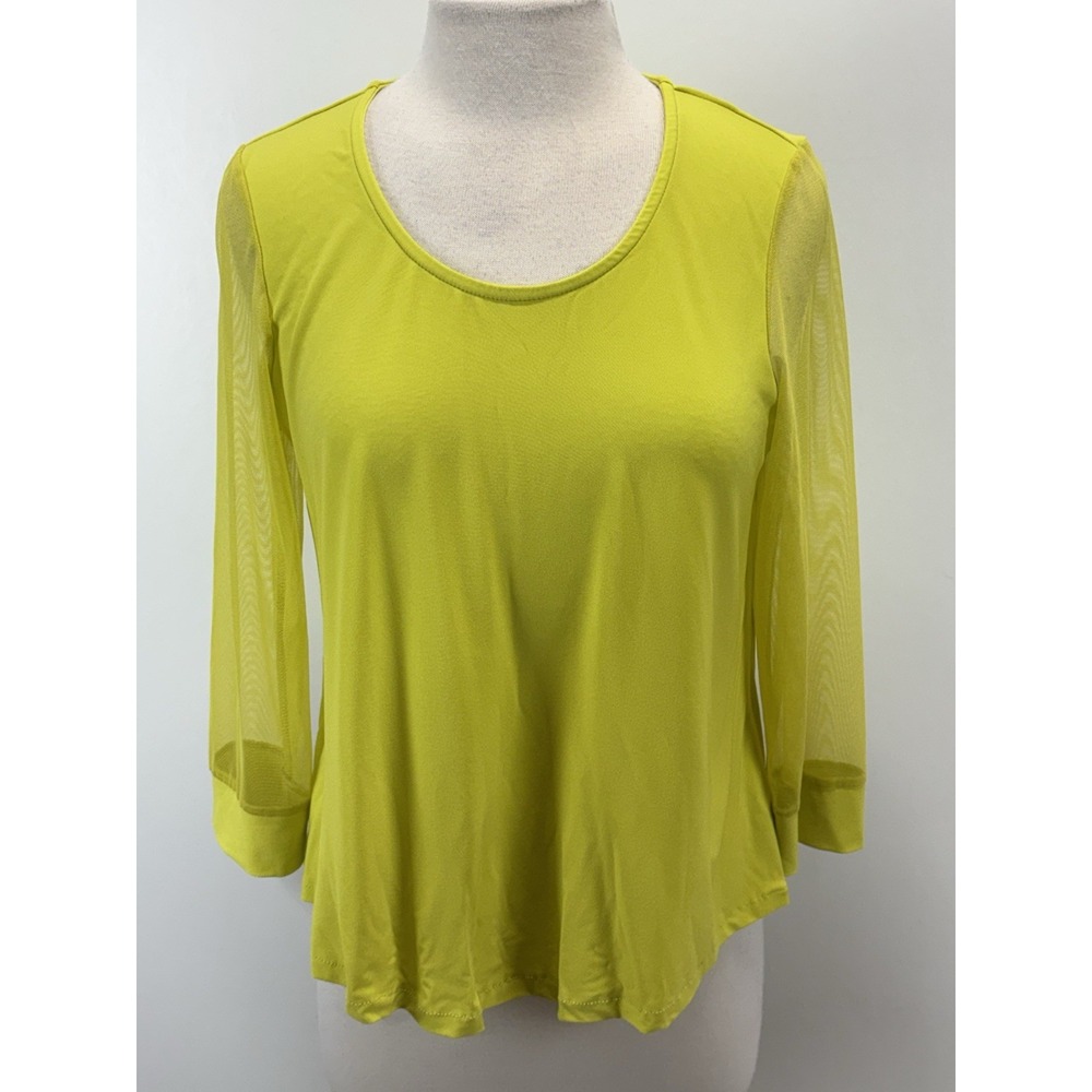 Joseph Ribkoff Citrine Top Shirt Sz 12 Sheer Sleeves Stretch Artsy Comfort
